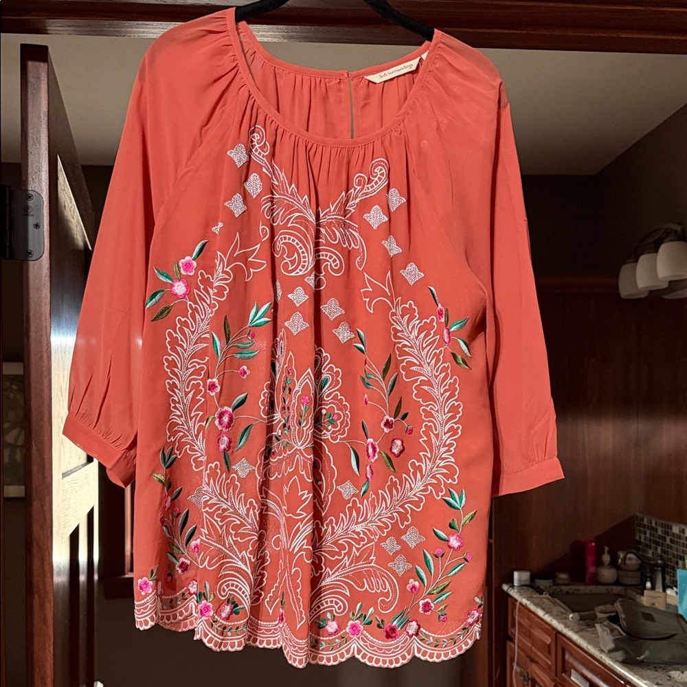 Soft Surroundings Coral Embroidered Peasant Tunic